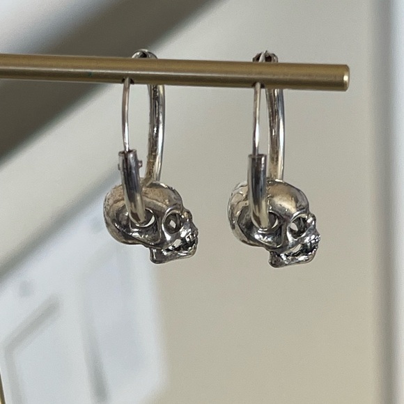 Skull Hoop Earrings - Silver hoop earrings with skull charms - Picture 3 of 4